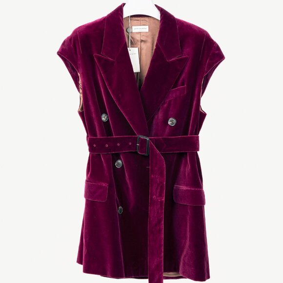 Dries Van Noten AW/20 Runway Rawn Shortbis Dark-Pink Velvet Cap-Sleeve Coat - Picture 2 of 12